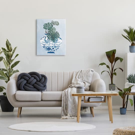 Stupell Industries Monstera Palm Plant Ornate Blue Bird Vase Scene Canvas Wall Art